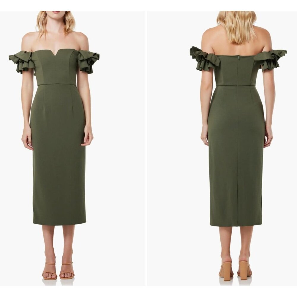 Elliatt Creole Dress Olive Green Ruffled Sleeve Off the Shoulder Midi XS